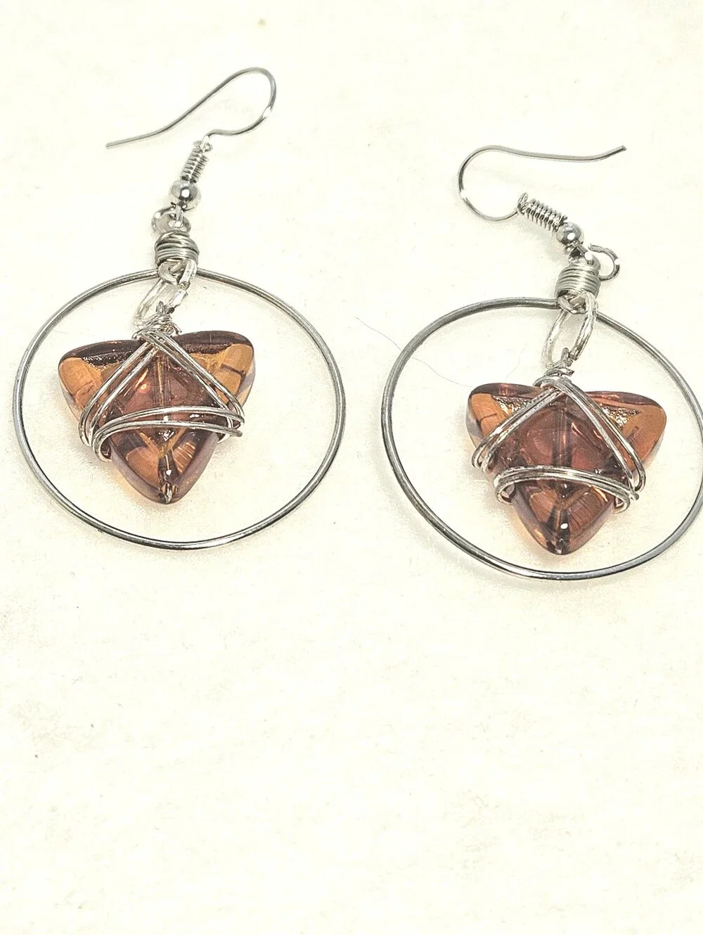 Boho Chic Handcrafted Wire-Wrapped Amber Glass Drop Earrings